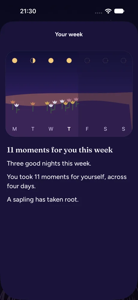 The Your week screen: one hill from Monday to Sunday, flowers on four days, a moon above each night, and the line “11 moments for you this week”.
