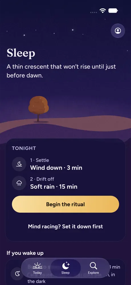 The Sleep screen: tonight’s moon, the two-step ritual and the button to start it.