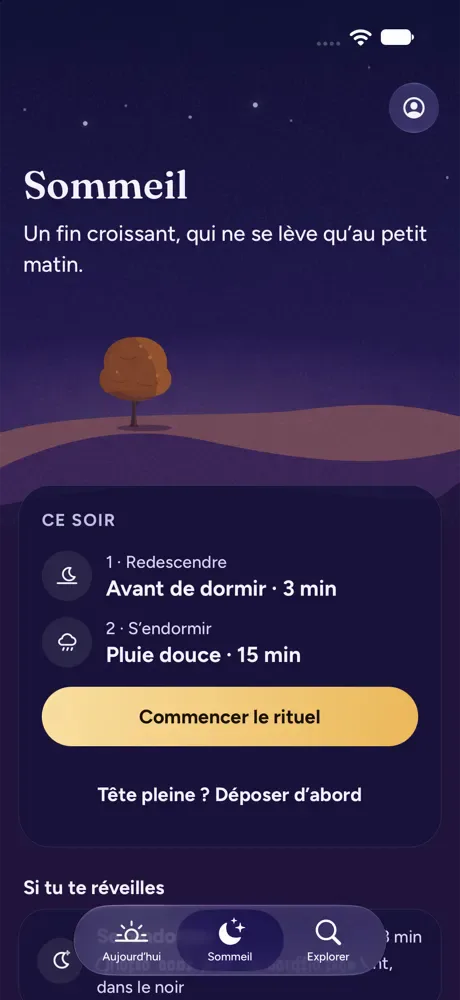 L’écran Sommeil : la lune de ce soir, le rituel en deux temps et le bouton pour le lancer.